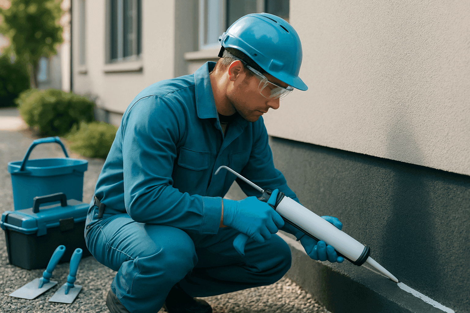 Worker in protective gear applying waterproof sealant to building foundation exterior