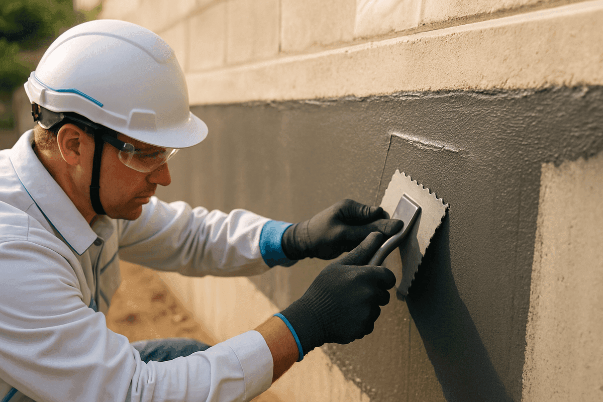 Close-up of gloved hands applying waterproof membrane to concrete foundation wall